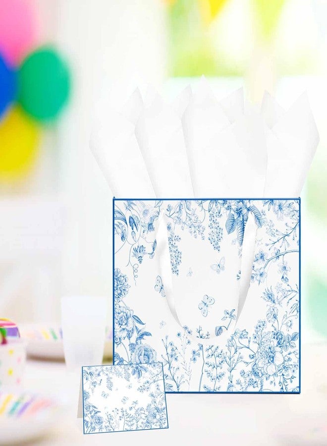 MUNILAIL 13 Inches Blue Floral Gift Bag with Tissue Paper Handle and Greeting Card Flower Gift Bag for Wedding Bridal Baby Shower Birthday Party Large Paper Gift Bag - Image 5